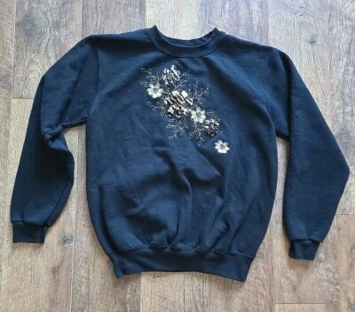 VTG Size S Fleece Black Crew Neck Sweatshirt Animal Print Flowers Embroidered - Image 1 of 4