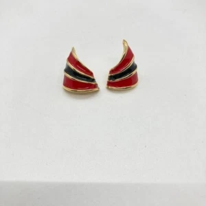 Vintage Enamel Pierced Stud 1" Earrings Gold Tone Red Black 1990s No Backs - Picture 1 of 4