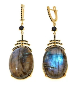 Meher's Yellow Vermeil Labradorite & Black Spinel Drop Earring Sterling Silver - Picture 1 of 2