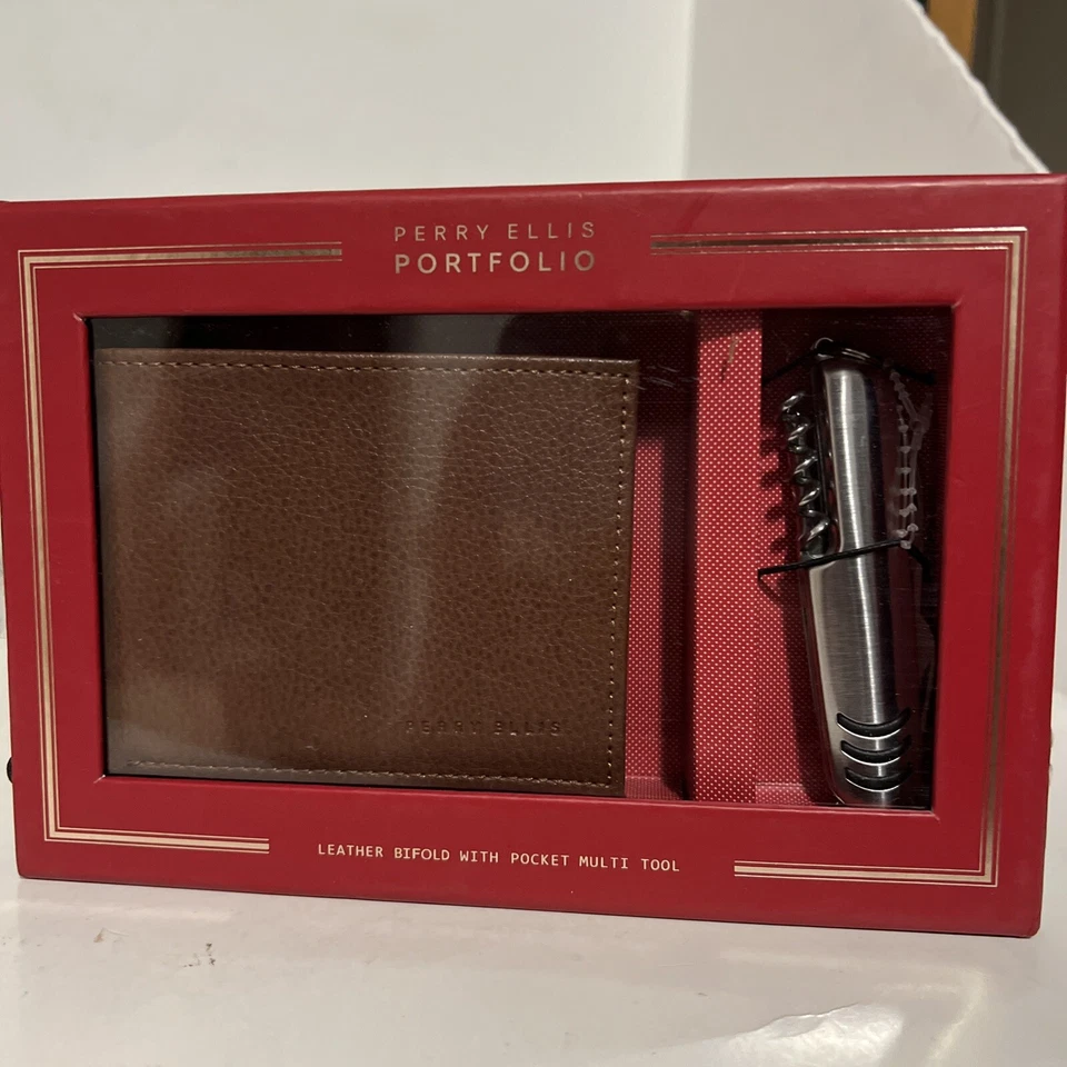 Slim Wallet Perry Ellis Men's Genuine Brown Leather Bifold Key Fob Set