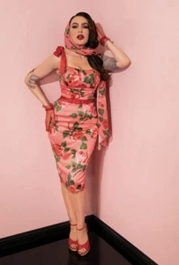 vixen micheline pitt 4x Pink Satin Roses With Belt And Scarf Wiggle Plus Dress - Picture 1 of 5