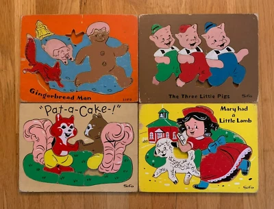 Lot 4 Vintage Sifo Wood Puzzles, Pigs, Gingerbread, Cake, Mary Replacement Piece - Image 1 of 2