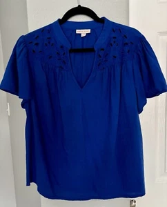 Knox Rose Women’s Top Blue L Short Sleeve Cotton V Neck Flowy Pleated Summer - Picture 1 of 12