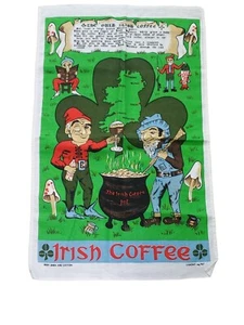 Vintage Linen Irish Coffee Recipe Tea Towel St. Patrick's Day Clover Mushrooms - Picture 1 of 6