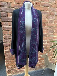 Vintage 90s La Monte Black Purple Blue Angora Lambswool Cardigan Coatigan M - Picture 1 of 9