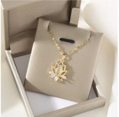 Lotus AA Zirkonia Anhänger Gold Kette 18K Edelstahl 304L Mondstein Katzenauge CZ - Bild 1 von 4