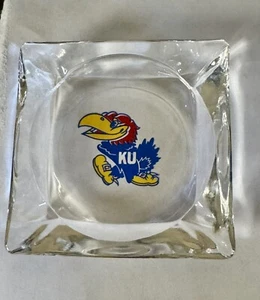 Vintage Kansas Jayhawks KU Glass Cigarette Ashtray 3.5” Square Rare Rock Chalk - Picture 1 of 7
