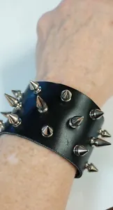 Leather Spike Cuff Bracelet Mens Gothic Punk Studded Biker Rocker Black Snap  - Picture 1 of 8