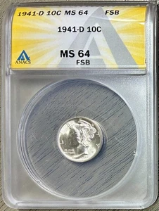 1941-D Silver Mercury Dime, ANACS MS-64 FSB (Full Bands) - Picture 1 of 2