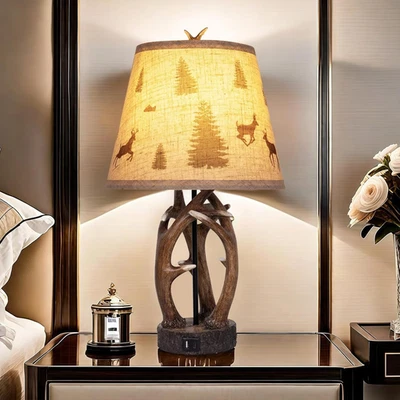 Set of 2 Rustic Western Deer Table Lamps, 26" with Nightlight & 2 USB Ports, Nat — 第 1/4 张图片