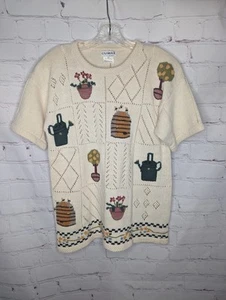 Vintage Climax by Sacha bestickter Strick Garten Blumen Kurzarm Pullover Gr. L - Bild 1 von 9
