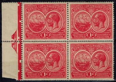 Bermuda 1920 Tercentenary SG 63 1d Carmine Marginal Left Block of 4 MNH - Image 1 of 2
