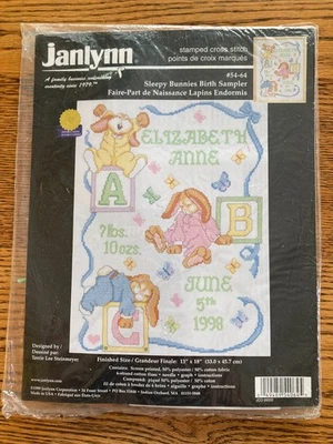 Janlynn Sleepy Bunnies Birth Sampler Cross Stitch Kit #54-64 Baby Rabbits 13x18 - Image 1 of 4