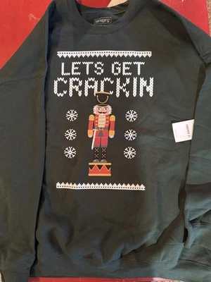 Suéter de Natal XXL verde estilo feio Let’s Get Crackin’ gráfico quebra-nozes - Imagem 1 de 4