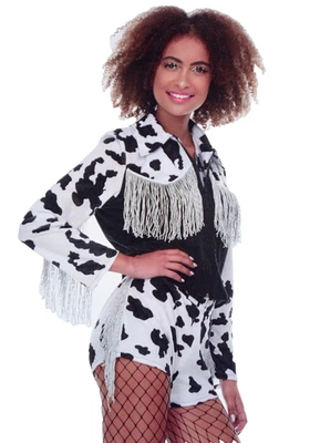 Cowgirl Jacket Costume Women's Size S Black & White Cow Print Fringe Top, NEW - Image 1 of 4