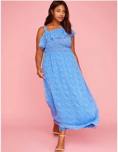 Lane Bryant One Shoulder Ruffle Maxi Dress Polka Dots Blue Plus Size 18/20 NWT - Picture 1 of 17