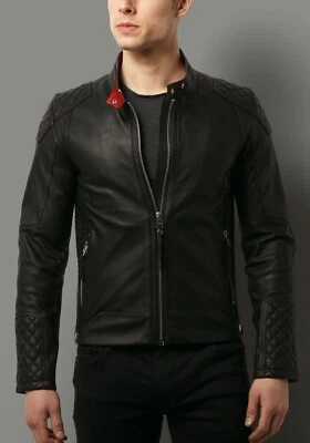 Chaqueta acolchada negra hecha a mano para motociclista de cuero de cordero para hombre Foto 1 de 4