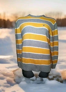 American Eagle Outfitters Mens Sweater M Gold/Gray/Cream Stripes Wool Blend Logo - Picture 1 of 6