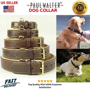 GENUINE LEATHER Dog Collar with Heavy Duty Adjustable Padded Collar, Black/Brown - Picture 1 of 41