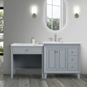 67in Silkroad Exclusive V0320GW67L Single Carrara White Marble Top Gray Vanity - Picture 1 of 12