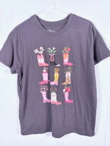 Womens Cowgirl Boot Shirt flowers size Large by DOE Black - Picture 1 of 4