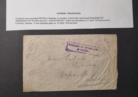 1918 WW1 'Salvaged' Kingstonian Crash Wreck Cover Censored Palestine to UK Cover