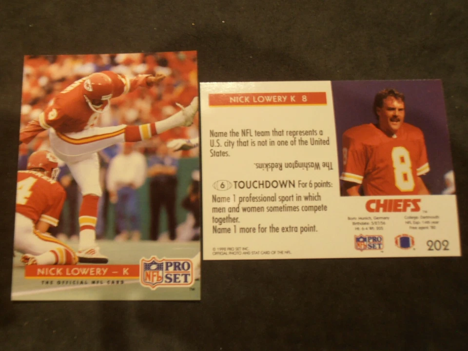 1992 Pro Set Mobil NFL FACT #202 Nick Lowery Kansas City Chiefs - Image 1 of 1