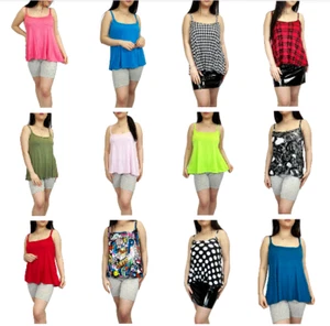 Womens Ladies Plus Size Cami Plain Neon Strappy Swing Vest Top Flared Sleeveless - Picture 1 of 43