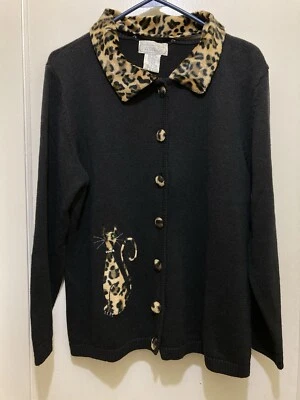 Mandal Bay Womens Cardigan Sweater XL Black Brown Leopard Animal Print Vintage - Image 1 of 4