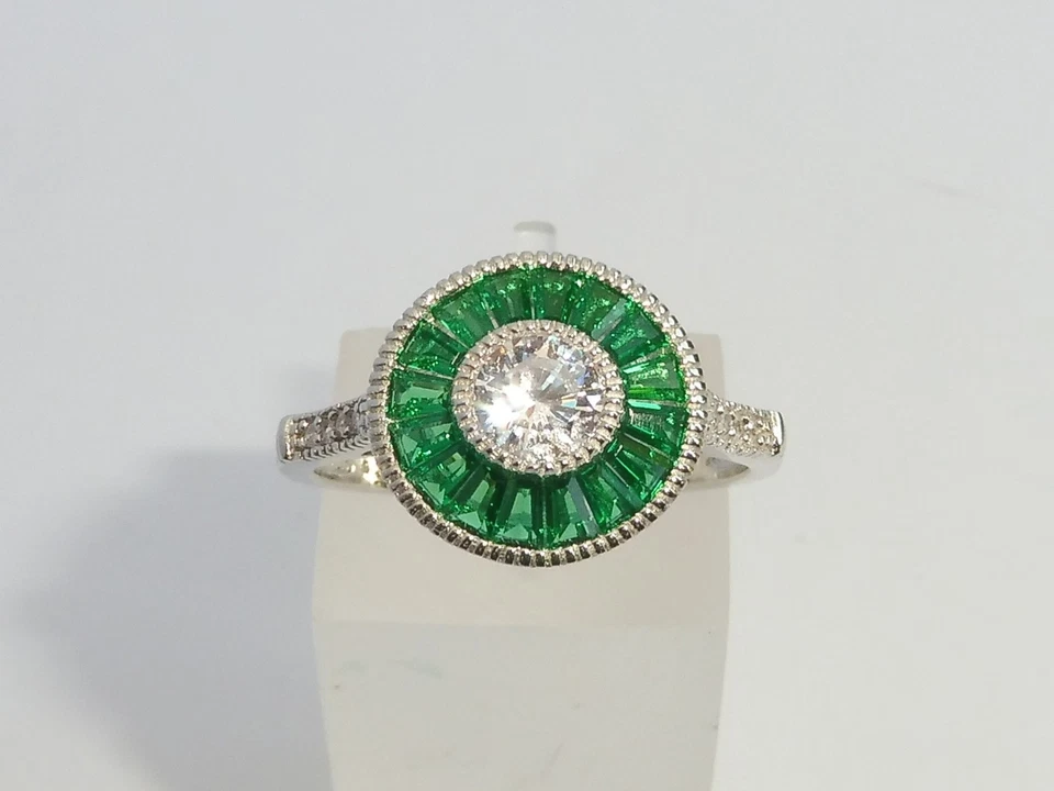 Signore stile Halo argento 925 con zaffiro e smeraldo anello - Immagine 1 di 4