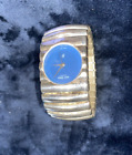 Vtg Blue Face Large Chunky Stretchy Silver Bracelet Cuff Quartz Analog Watch 7+