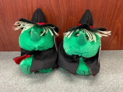 Lote de 2 Halloween Bruja Puffkins 4" Bolsa de Frijoles Peluche con Etiquetas Sombrero Redondo Capa Verde  Foto 1 de 4