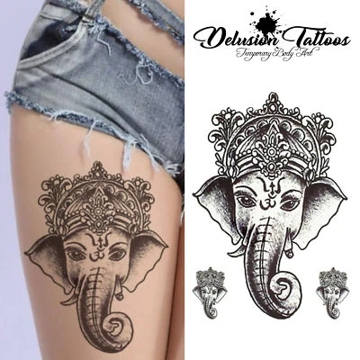 DELUSION TATTOOS TATUAGGIO TEMPORANEO REALISTICO - ELEFANTE GANESHA - DONNA, RAGAZZA, BAMBINO TATUAGGIO FALSO