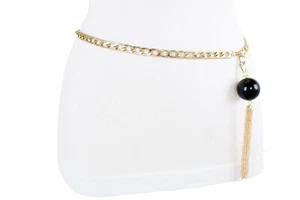 Women Black Ball Charm Buckle Belt Gold Metal Chain Tassel Fringe Size XL XXL - Picture 1 of 12
