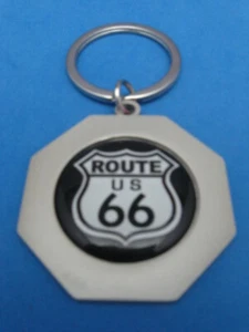 ROUTE 66 OCTAGON KEYRING SATIN NICKEL KEY RING CHAIN WHITE SHIELD #111 - Picture 1 of 1