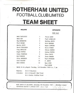 Teamsheet - Rotherham United Reserves v Port Vale Reserves 1988/9 - Picture 1 of 1