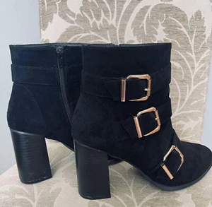 Glamorous Suede Feel High Block Heel Ankle Boots With Gold Buckles. Size 7 - Picture 1 of 5