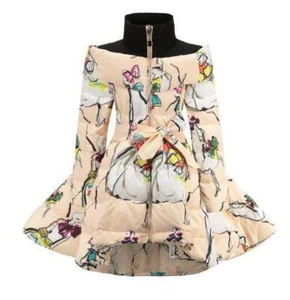 Children's Lining Coat Stand Collar Printed Waist Bow Zipper Winter Kid Overcoat - Picture 1 of 16