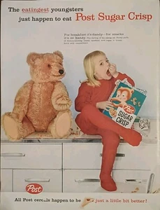 1959 Post Sugar Crisp, Pajamas And Teddy Bear On The Counter Print Ad - Picture 1 of 1