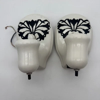 Vintage Ceramic Wall Sconce Pair, Black Floral Design Bathroom Light NO Hardware - Image 1 of 4