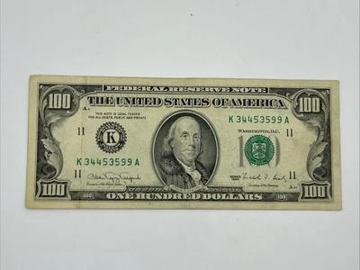 Series 1990 US One Hundred Dollar Bill $100 Dallas K 34453599 A (small face) - Image 1 of 2