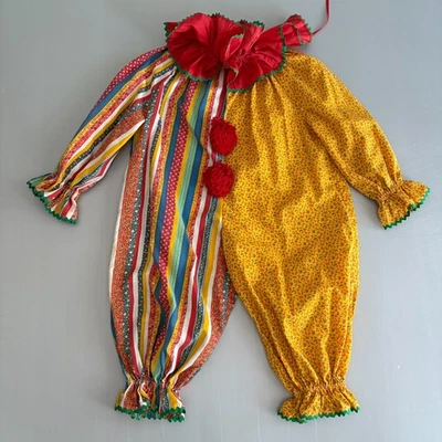 Vintage 70s Kids Clown Costume Jumpsuit Ruffle Collar Stripe Bright Colors - Image 1 of 4