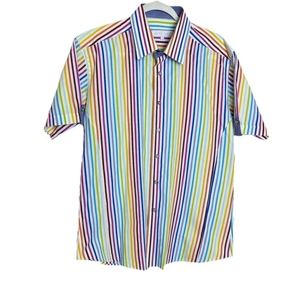Jared Lang Short Sleeve Large Rainbow Striped Button Up 100%  Luxury Cotton Sz L - Image 1 of 4