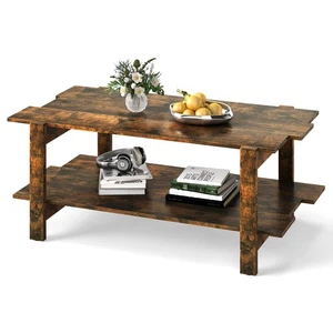 2-Tier Coffee Table Slatted Wood Center Table with Storage Shelf Rectangular - Picture 1 of 24