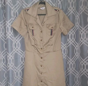 Vtg Sears Sz L Military Style Secretary Dress Epaulets Pockets Khaki Short Sleev - Picture 1 of 6
