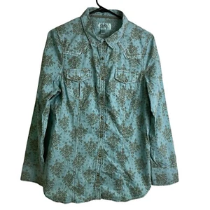 Ryan Michael Womens Western Shirt Large Blue Long Sleeve Floral Lace-Up Cottage - Picture 1 of 14