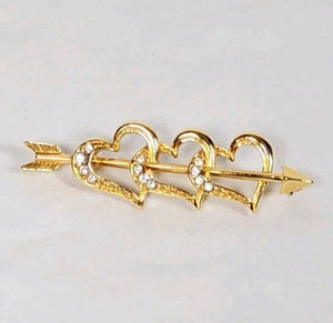 Vintage Triple Hearts Arrow Brooch Avon Gold Tone Clear Rhinestones Valentine - Picture 1 of 10