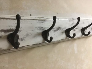 Handmade Distressed Wooden 42" Hat An Coat Rack Wall Mount Cast Iron Hooks - Picture 1 of 11