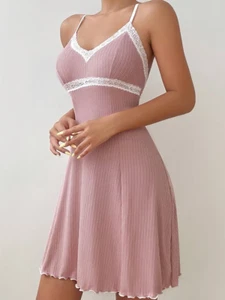 Damen Schlafanzug Nachtwäsche Nachthemd Rosa Spitze Träger Sexy Sommer S–XL - Bild 1 von 10