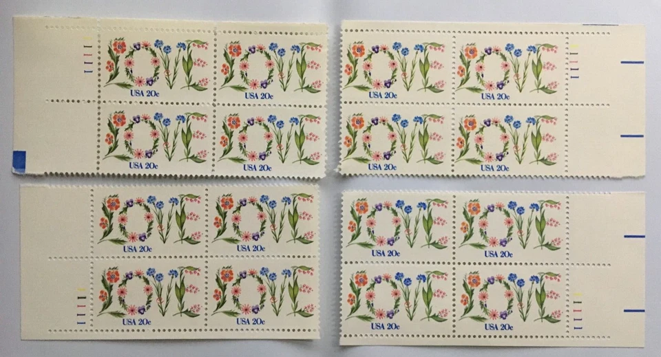 #1951 20 cent Love matched four plate blocks of 4 stamps MNH OG - Image 1 of 1